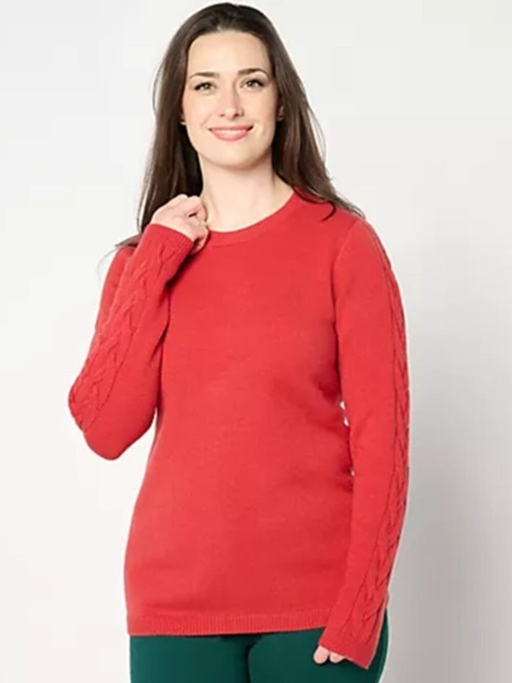 Susan Graver Fine Gauge Crew Neck Cable Stitch Sweater Lava Falls Red 5X